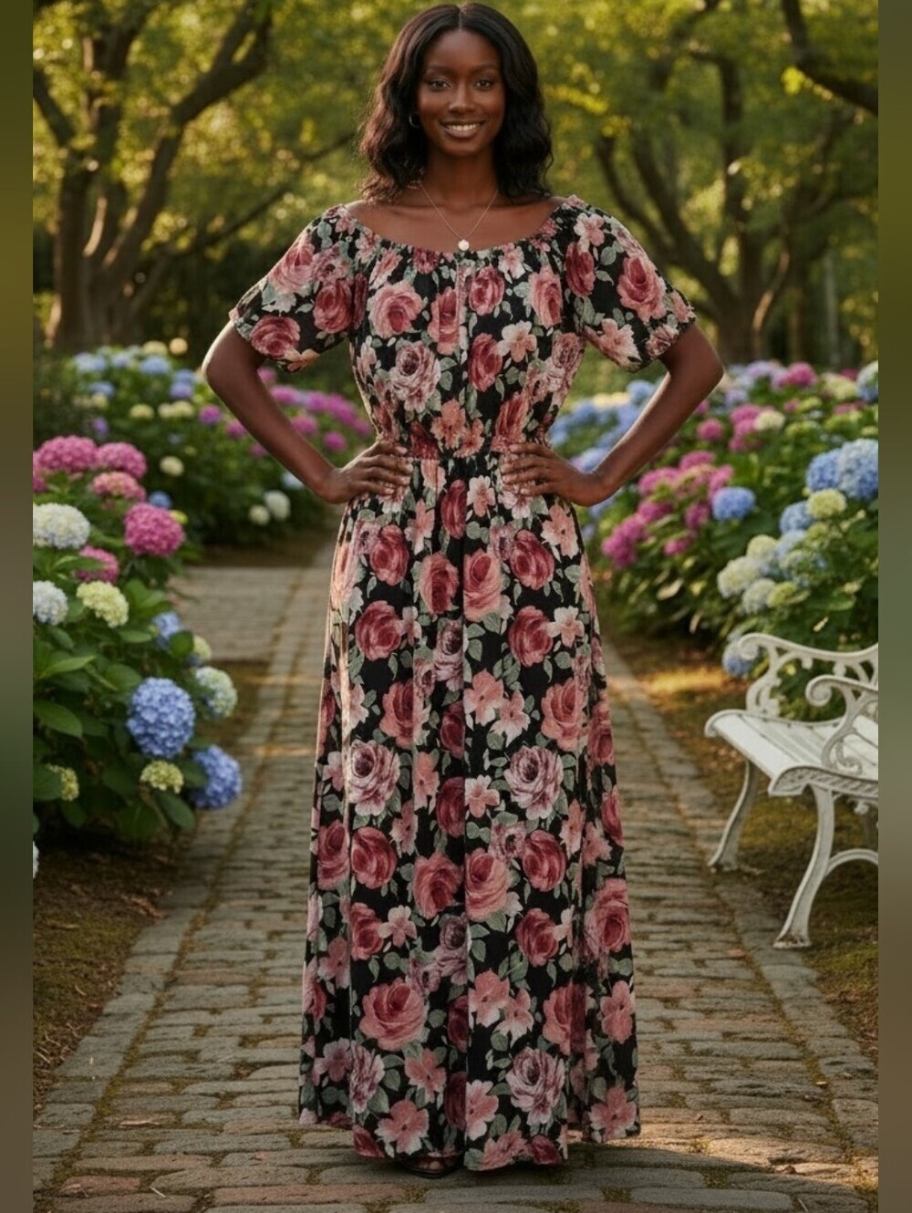 Scarlett Plus Black Pink Rose Floral Smocked Midi Dress Short Sleeve 3X Boho